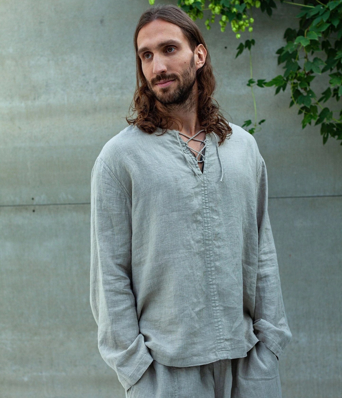 Men’s Medieval Linen Tunic, TARASA Laced Neck Shirt