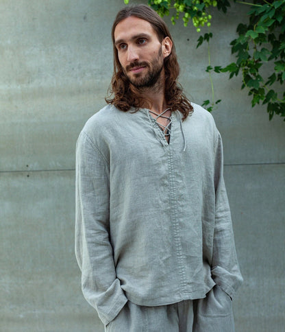 Men’s Medieval Linen Tunic, TARASA Laced Neck Shirt