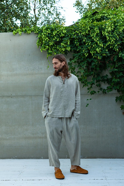Men’s Medieval Linen Tunic, TARASA Laced Neck Shirt