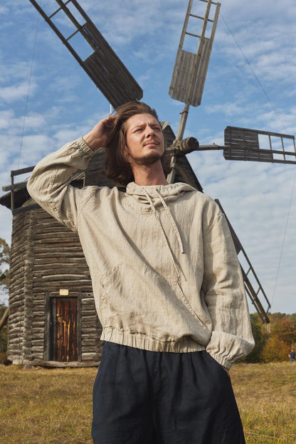 Men’s Linen Hoodie, MOSS Relaxed Fit Hooded Shirt