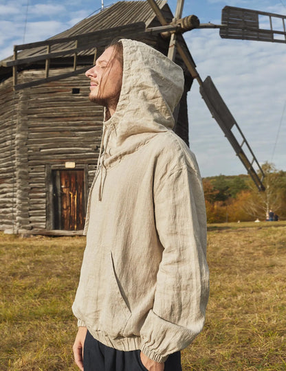 Men’s Linen Hoodie, MOSS Relaxed Fit Hooded Shirt